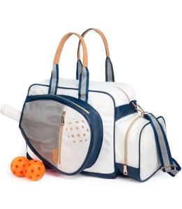 Net & Style Pickleball Bag Women Stylish Tote Large Capacity Paddle Holder Shoe Compartment Elegant Lightweight Design Durable Zipper Pockets Fence Hook White Navy Court Gym Travel Organizer