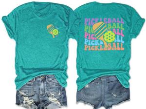 Pickleball Shirts for Women Novelty Pickleball Paddle Graphic Tee Ball Player Casual Tshirt, Cyan, M