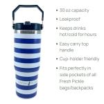 Fresh Pickle Lola Pickleball Tote - Designer Series Pickleball Bag for Women in Navy/Pink + Navy Stripe 30-ounce Tumbler With Top Handle and Flip Straw