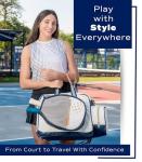 Net & Style Pickleball Bag Women Stylish Tote Large Capacity Paddle Holder Shoe Compartment Elegant Lightweight Design Durable Zipper Pockets Fence Hook White Navy Court Gym Travel Organizer
