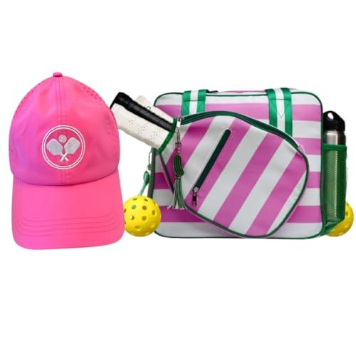 Lola Pickleball Tote White - Designer Series Pickleball Bag for Women and Pink Cap for Women – Lightweight, Moisture-Wicking, Adjustable Hat with Embroidered Design