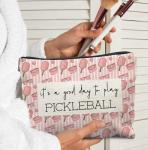 Elpwk Pickleball Gifts for Women,Pink Stripe Pickleball Makeup Bag Cosmetic Pouch, Pickleball Accessories Women