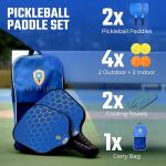 Pickleball Set with Bag - Fiberglass 14mm - 2 USAPA Pickleball Paddles, 2 Indoor and 2 Outdoor Pickleball Balls, 2 Cooling Towels - Rackets for Adults and Teens