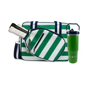 Fresh Pickle Lola Pickleball Tote - Designer Series Pickleball Bag for Women in Green/White Stripe + Solid Green 30-ounce Tumbler With Top Handle and Flip Straw