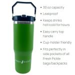 Fresh Pickle Lola Pickleball Tote - Designer Series Pickleball Bag for Women in Green/White Stripe + Solid Green 30-ounce Tumbler With Top Handle and Flip Straw