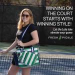 Fresh Pickle Lola Pickleball Tote - Designer Series Pickleball Bag for Women in Green/White Stripe + Solid Green 30-ounce Tumbler With Top Handle and Flip Straw