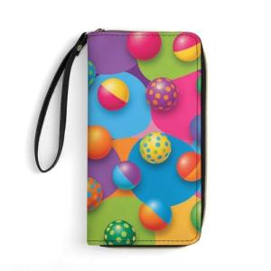 LITPUZC Portable Long Wallet with Zipper Pickleball Balls Colorful Pattern Credit Card Holder Travel Purse Pu Leather Slim Ladies Clutch Cash Organizer Bags with Wrist Strap