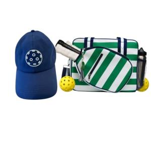 Lola Pickleball Tote Green White- Designer Series Pickleball Bag for Women and Navy Cap for Women – Lightweight, Moisture-Wicking, Adjustable Hat with Embroidered Design