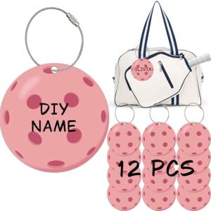 12 Pack Pickleball Luggage Tags – Pickleball Gifts for Teams Players, Men & Women. Ball Shaped Travel ID Name Ornaments with Strap, Fun Sports Bag Accessories Party Favor - Pink Tags
