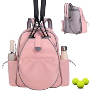 JKAOO Tennis Bags for Women, Waterproof Tennis Sling Crossbody Shoulder Backpack Holds 2 Rackets, Tennis Racket Bag for Pickleball Badminton (Pink)
