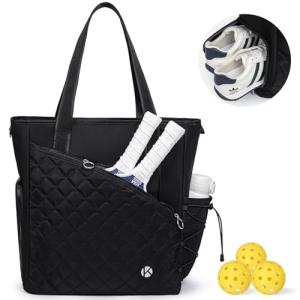 Pickleball Tote Bag for Women with Fence Hook, Quilted Pickleball Bag Holds 3-4 Paddles with Shoe Compartment & Wet Pocket