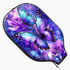 RWUTYTIUL Purple Butterfly Flower Pickle Ball Paddle Cover, Neoprene Pickleball Paddle Sleeve with Zippered Racket, Universal Paddle Storage Bag Size 8.66" x 11.4", Pickleball Paddle Case for Women