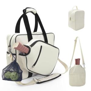 Pickleball Tote Bag for Women Men,Stylish Nylon Water-Resistant Pickleball Bag with Cooler & Paddle Sleeves Bag Large Capacity Crossbody Bags with Adjustable Shoulder Strap Fence Hook Sports Gifts