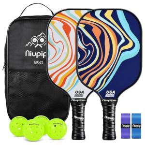 niupipo Pickleball Paddles, Pickleball Paddles Set of 2, Fiberglass Surface, Polypropylene Honeycomb Core, Cushion Grip, Lightweight Pickleball, Portable Carry Bag, White & Orange