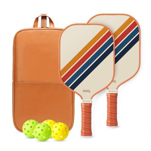 Dinkly Pickleball Paddles Set of 2, USAPA Approved Graphite/Fiberglass Pickleballs Racket, 2 Rackets, 4 Balls and 1 PU Leather Carry Bag, Pickle Ball Set for Men Women, Retro Twill