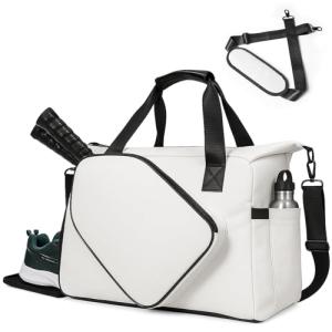Pickleball Tote Bag with Shoe Compartment and Paddle Storage – Large Capacity Lightweight Pickleball Bag for Women & Men with Water Bottle Holder (White)