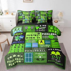 Erosebridal 7 Pieces Green Pickleball Bedding with Bed Sheets Queen,Rustic Patchwork Bed in A Bag for Kids Boys Girls,Extreme Sports Ball Game Comforter Set for Teens Adults,Pickleball Life Quilt