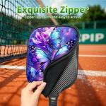 RWUTYTIUL Purple Butterfly Flower Pickle Ball Paddle Cover, Neoprene Pickleball Paddle Sleeve with Zippered Racket, Universal Paddle Storage Bag Size 8.66" x 11.4", Pickleball Paddle Case for Women