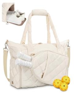 ESTARER Pickleball Bag, Pickleball Tote Bag with Shoe Compartment for Women Large Pickle ball Paddle Storage & Fence Hook (Off White)
