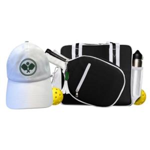 Lola Pickleball Tote Black Ivory- Designer Series Pickleball Bag for Women and White Cap for Women – Lightweight, Moisture-Wicking, Adjustable Hat with Embroidered Design