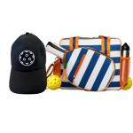 Lola Pickleball Tote Navy Stripes- Designer Series Pickleball Bag for Women and Black Cap for Women – Lightweight, Moisture-Wicking, Adjustable Hat with Embroidered Design