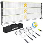 Patiassy Portable Badminton Volleyball Pickleball Net for Backyard, 17FT Combo Set with 5.1ft-7.4ft Adjustable Height for Outdoor Driveway Games, 4 Rackets, 3 Shuttlecocks, 1 Ball and Carry Bag