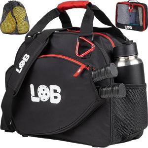 LOB Pickleball Bags for women men Tote Carry Bag with Bottle Holders, Fits 2 Paddles, 2pc Accessories (Pouch, Mesh Ball Bag), Durable Lightweight, Black