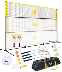 VSSAL 3-in-1 Portable Badminton, Volleyball & Pickleball Net Set for Adults, Adjustable Height 34"–10 ft for Backyards or Beach, Outdoor Sports Combo with Carry Bag, Rackets, Paddles & Balls (10 ft)