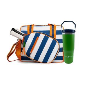 Fresh Pickle Lola Pickleball Tote - Designer Series Pickleball Bag for Women in Navy/White Stripe + Solid Green 30-ounce Tumbler With Top Handle and Flip Straw