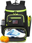 HAMBOLY Pickleball Bag for Men & Women, Large Pickleball Backpack with Shoes Compartment and Cooler, Fence Hook Design (Black + Green)