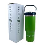 Fresh Pickle Lola Pickleball Tote - Designer Series Pickleball Bag for Women in Navy/White Stripe + Solid Green 30-ounce Tumbler With Top Handle and Flip Straw