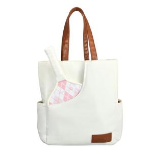 Picklefab Designer Pickleball Bags for Women | Canvas & Vegan Leather Pickle Ball Tote Bag with Cover Pockets for 4 Paddles | 12"x14"x5.5" Medium Tote Bag with Paddle Pocket & Fence Hook