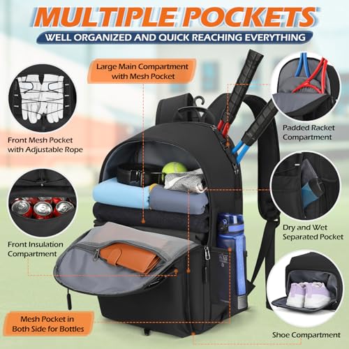 IGOLUMON Large Tennis Backpack with Insulated Pocket - Black