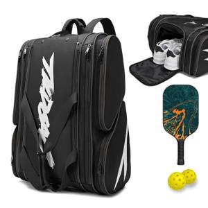 TILDOSAC Versatile Pickleball Backpack For Sport, Large Paddles Duffle Bag With Shoes Compartment For Travel (Deep Black)