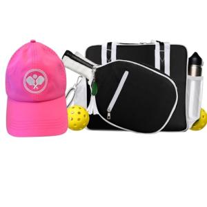 Lola Pickleball Tote Black Ivory- Designer Series Pickleball Bag for Women and Pink Cap for Women – Lightweight, Moisture-Wicking, Adjustable Hat with Embroidered Design