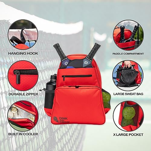 Red Pickleball Backpack with Cooler, Paddle Compartment & Pockets