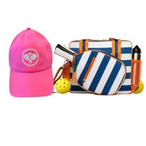 Lola Pickleball Tote Navy Stripes- Designer Series Pickleball Bag for Women and Pink Cap for Women – Lightweight, Moisture-Wicking, Adjustable Hat with Embroidered Design