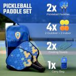 Pickleball Set with Bag - Carbon Fiber 14mm - 2 USAPA Pickleball Paddles, 2 Indoor and 2 Outdoor Pickleball Balls, 2 Cooling Towels - Rackets for Adults and Teens