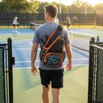 Alveroya Amber Orange Pickleball Sling Bag with Shoe Compartment for Men Women, Professional 2-3 Paddle Backpack, Large Capacity Bag with 36oz Water Bottle Pocket & Fence Hook