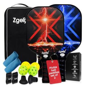 Zgelix Pickleball Paddles Set - Lightweight Fiberglass Paddles (7.88 Oz) with Sweat-Absorbing Anti-Slip Grip - Complete Set with Balls, Cooling Towels, Grip Tape, Ball Retrievers & Durable Carry Bag