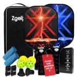 Zgelix Pickleball Paddles Set - Lightweight Fiberglass Paddles (7.88 Oz) with Sweat-Absorbing Anti-Slip Grip - Complete Set with Balls, Cooling Towels, Grip Tape, Ball Retrievers & Durable Carry Bag