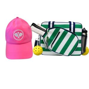 Lola Pickleball Tote Green White- Designer Series Pickleball Bag for Women and Pink Cap for Women – Lightweight, Moisture-Wicking, Adjustable Hat with Embroidered Design