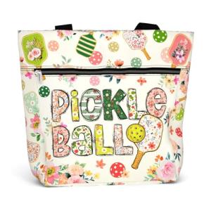 84hoods Tote Bag for Women. Large Shoulder Bag with Pockets and Zipper for Travel, Work, Laptop. Waterproof Grocery Bag. Gift for Pickleball Lover and Player. Flower Pattern.