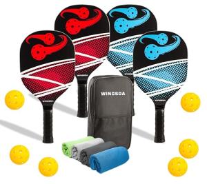 Premium Durable Wood Pickleball Paddles Set of 4, Pickleball Set for Adults, Men & Women with 4 Pickleball Racket, 4 Outdoor & Indoor Pickleballs, 4 Cooling Towels with Pickleball Carry Bag (Wood)