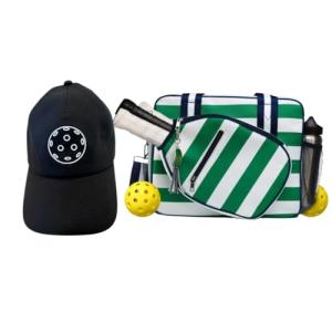Lola Pickleball Tote Green White- Designer Series Pickleball Bag for Women and Black Cap for Women – Lightweight, Moisture-Wicking, Adjustable Hat with Embroidered Design