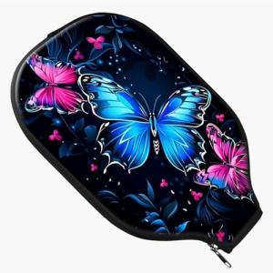 RWUTYTIUL Blue Red Butterfly Pickle Ball Paddle Cover, Neoprene Pickleball Paddle Sleeve with Zippered Racket, Universal Paddle Storage Bag Size 8.66" x 11.4", Pickleball Paddle Case for Women Men