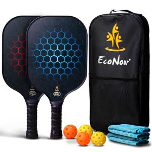 EcoNour Pickleball Paddles Set of 2/4 | USAPA Approved Fiberglass Surface Pickleball Set with 4 Pickleballs | 2 Cooling Towels and Pickleball Racket Storage Bag