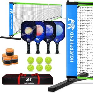 Hoverphenix Pickleball Set with Net for Driveway, Portable Regulation Size Pickleball Net System with 4 Fiberglass Paddles Set, 6 Outdoor Pickleballs, Carry Bag