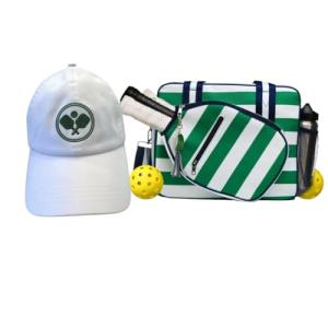 Lola Pickleball Tote Green White- Designer Series Pickleball Bag for Women and White Cap for Women – Lightweight, Moisture-Wicking, Adjustable Hat with Embroidered Design