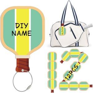 12 Pack Pickleball Gifts Luggage Tags – Pickleball Ornaments for Teams Players, Men & Women. Paddle Shaped Travel Keychains Name Tags with Strap, Fun Sports Bag Accessories Party Favor
